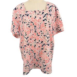 Coral Bay Woman 1X SS Square Neck Abstract Print Knit Top Art to Wear Mod Retro